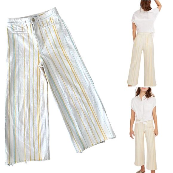 Madewell Emmett Mid Rise Wide-Leg Striped Raw Hem Cropped Pants Size 23 - Picture 1 of 11
